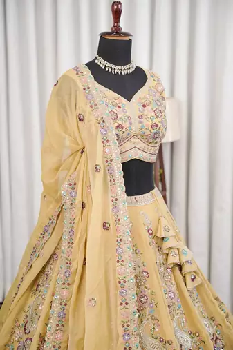 Elegant Pastel Georgette Lehenga Set with Multicolor Thread Embroidery & Sequins