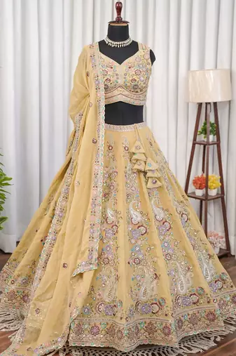 Elegant Pastel Georgette Lehenga Set with Multicolor Thread Embroidery & Sequins