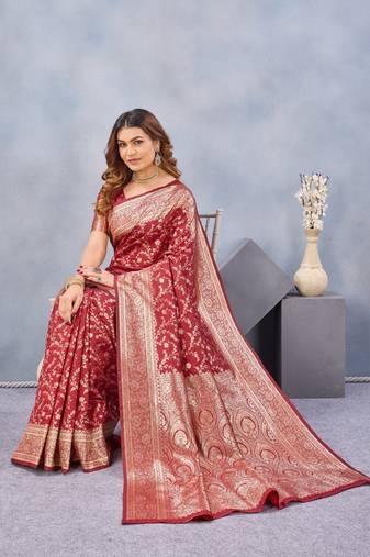 Red soft silk blend banarasi jacuard work designer party wear saree with unstitched blouse piece