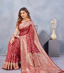 Red silk blend banarasi saree with unstitched blouse piece