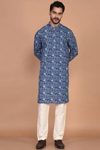 Men's leaf printed cotton kurta