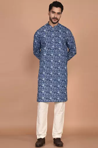 Men's leaf printed cotton kurta