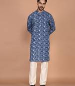 Men's leaf printed cotton kurta