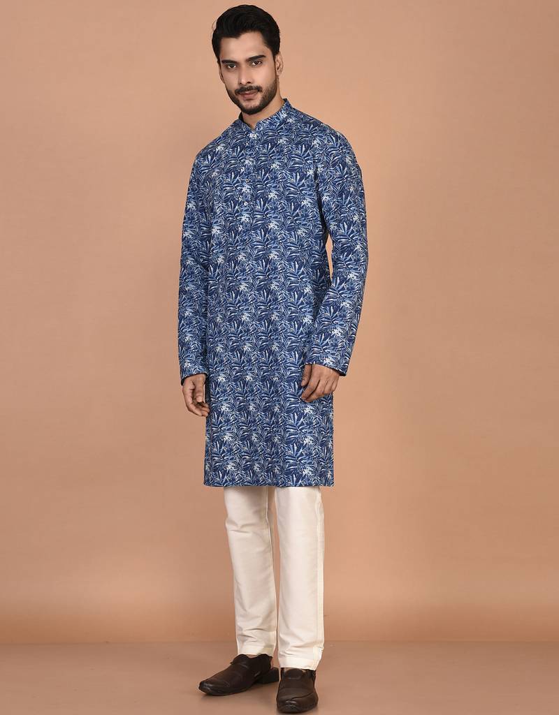 Men's leaf printed cotton kurta