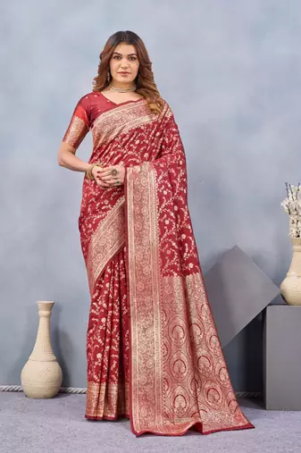Red silk blend banarasi saree with unstitched blouse piece