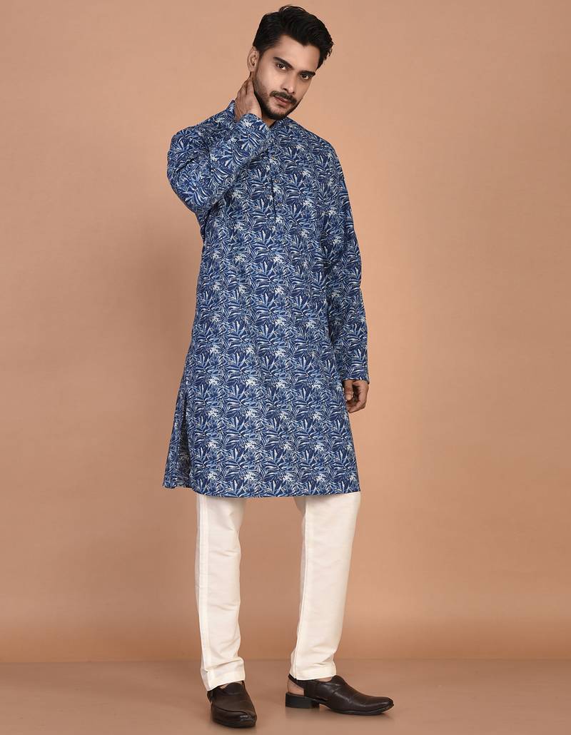 Men's leaf printed cotton kurta