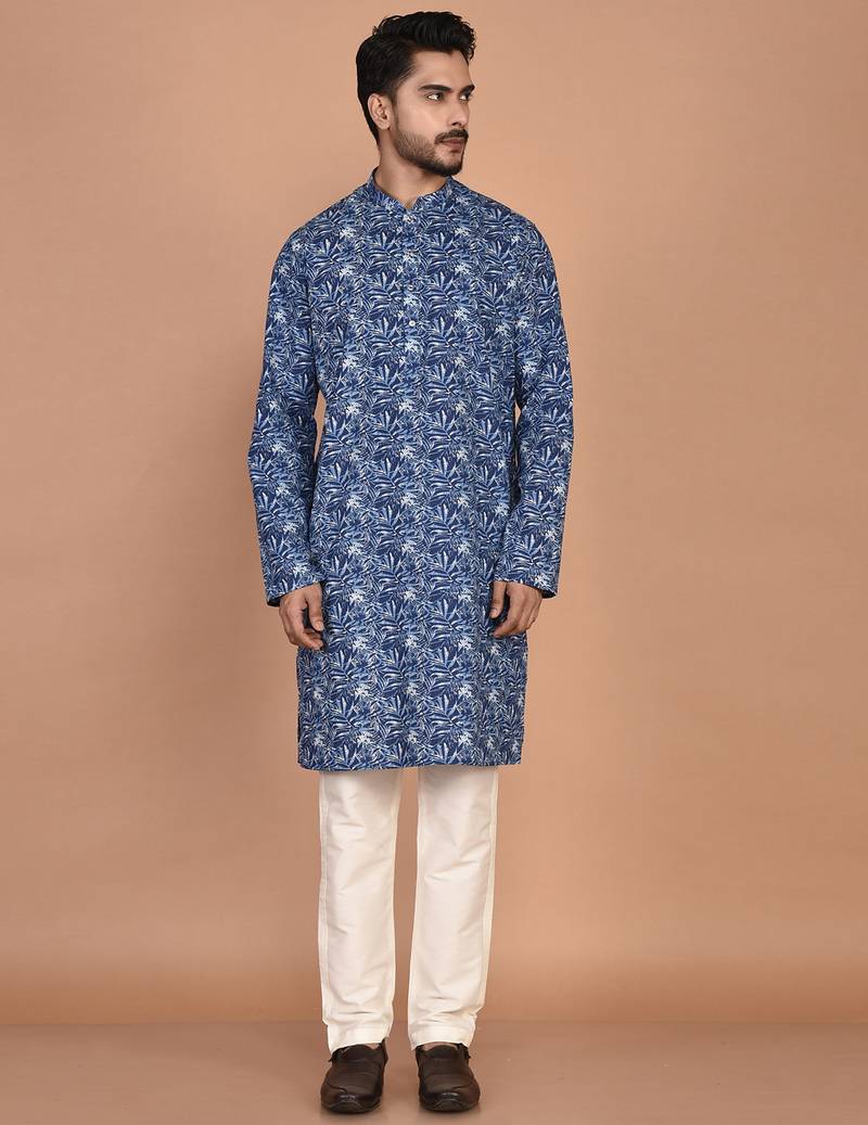 Men's leaf printed cotton kurta