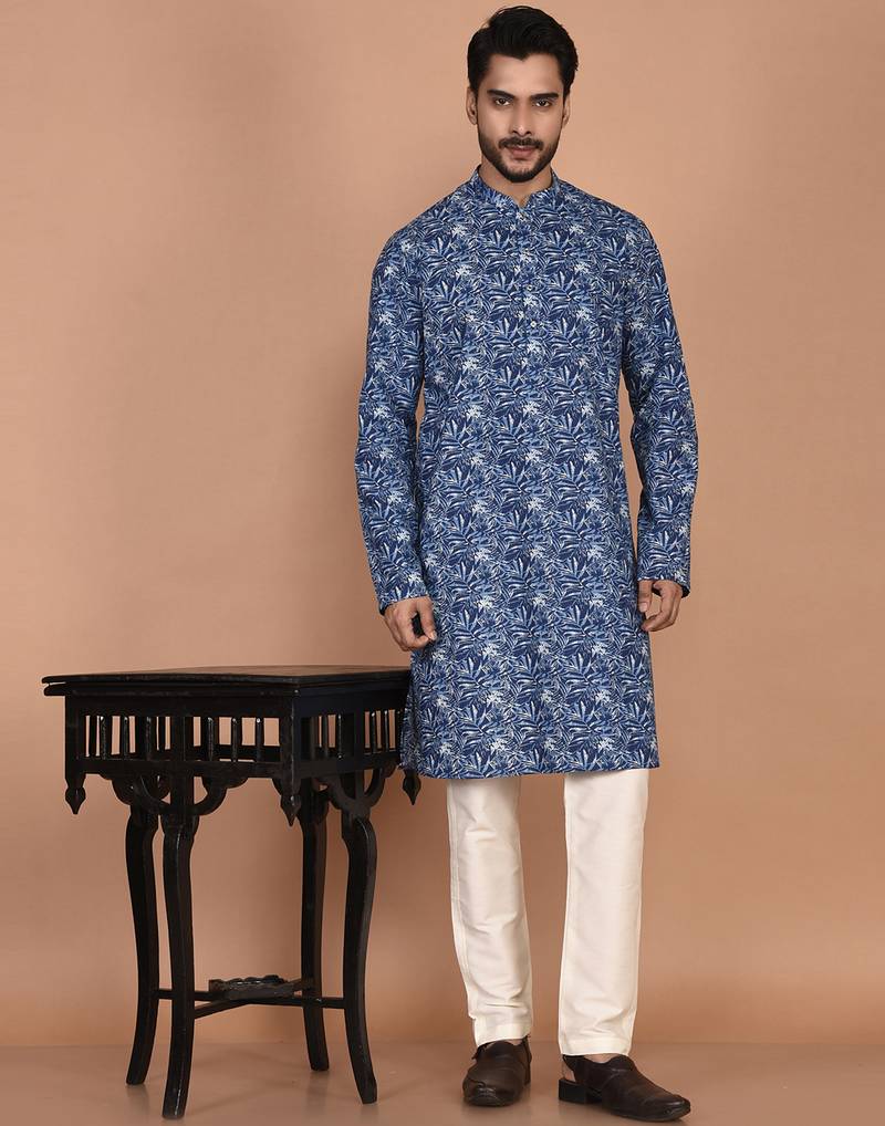 Men's leaf printed cotton kurta