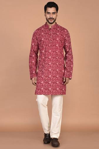 Men's leaf printed cotton kurta