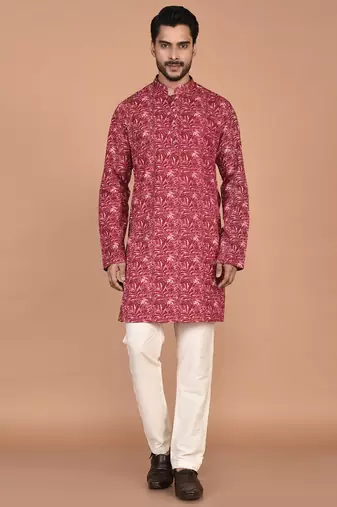 Men's leaf printed cotton kurta