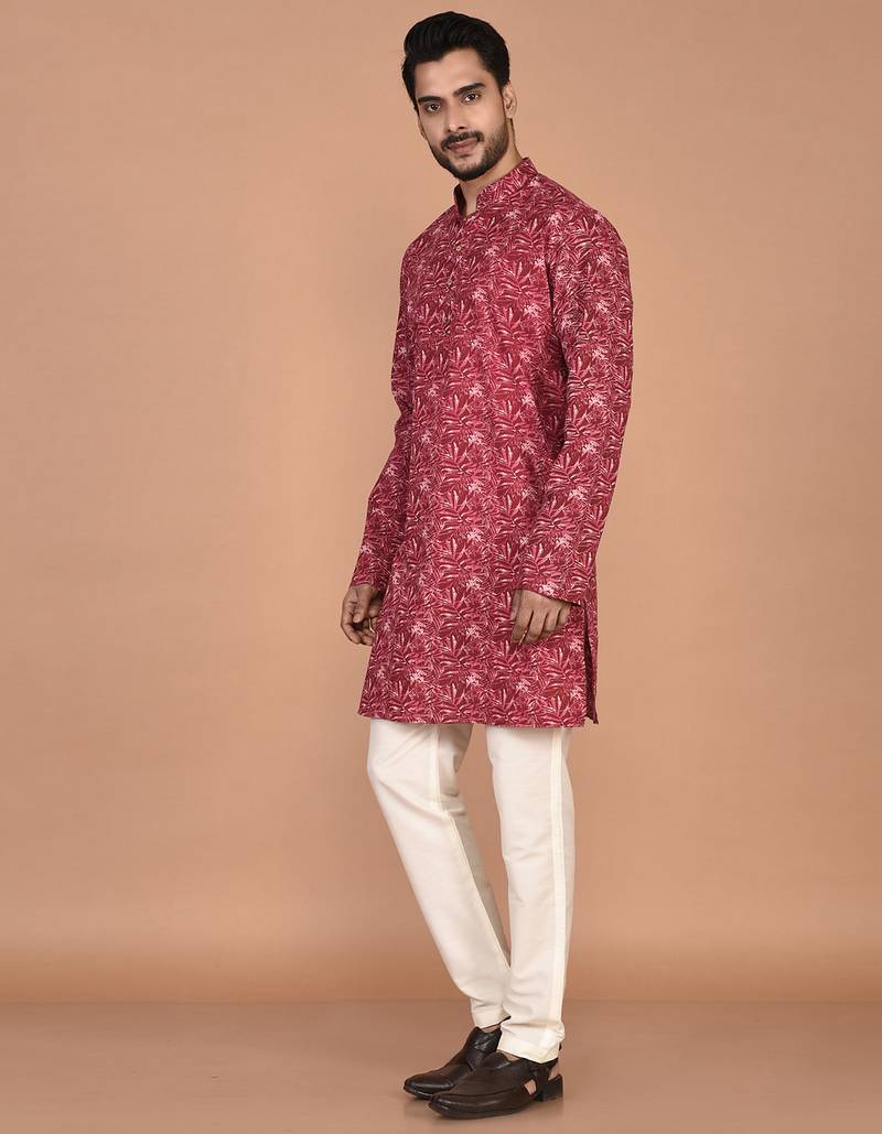 Men's leaf printed cotton kurta