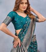 Turuoise silk blend banarasi saree with unstitched blouse piece