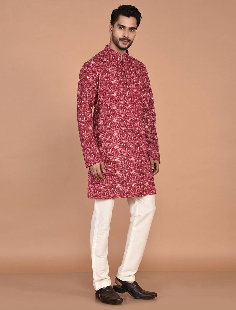 Men's leaf printed cotton kurta