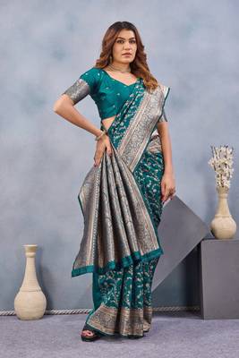 Turuoise silk blend banarasi saree with unstitched blouse piece 2