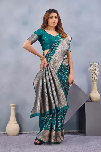 Turuoise silk blend banarasi saree with unstitched blouse piece