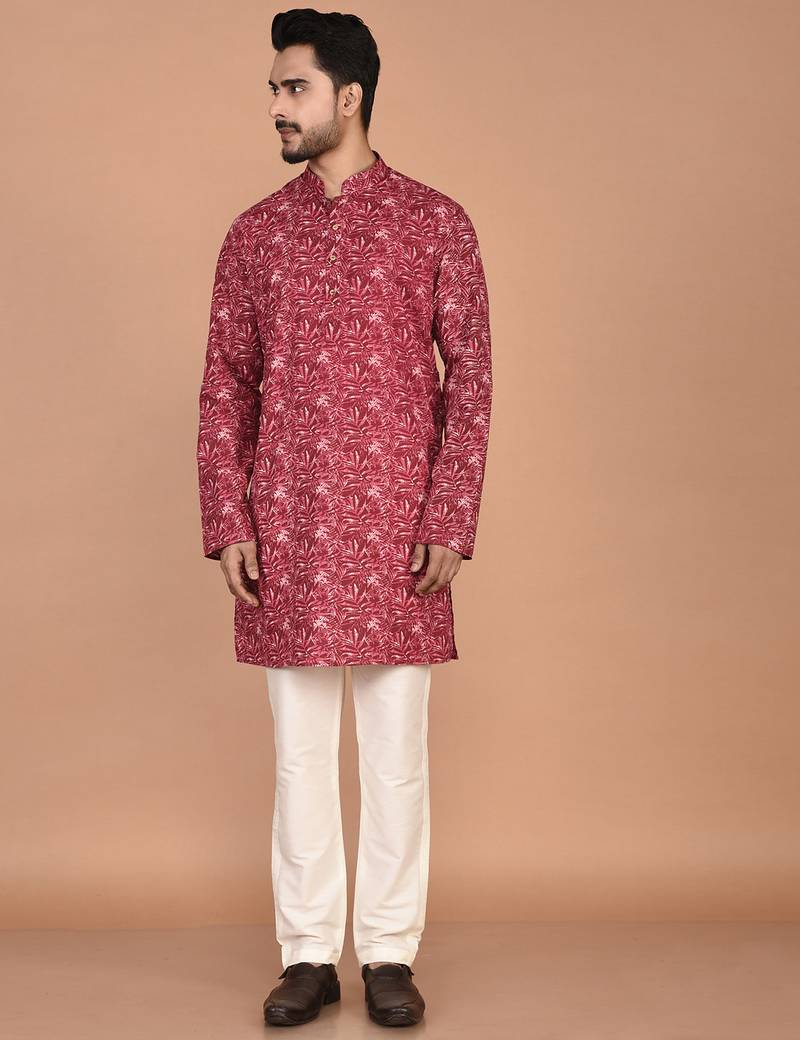 Men's leaf printed cotton kurta