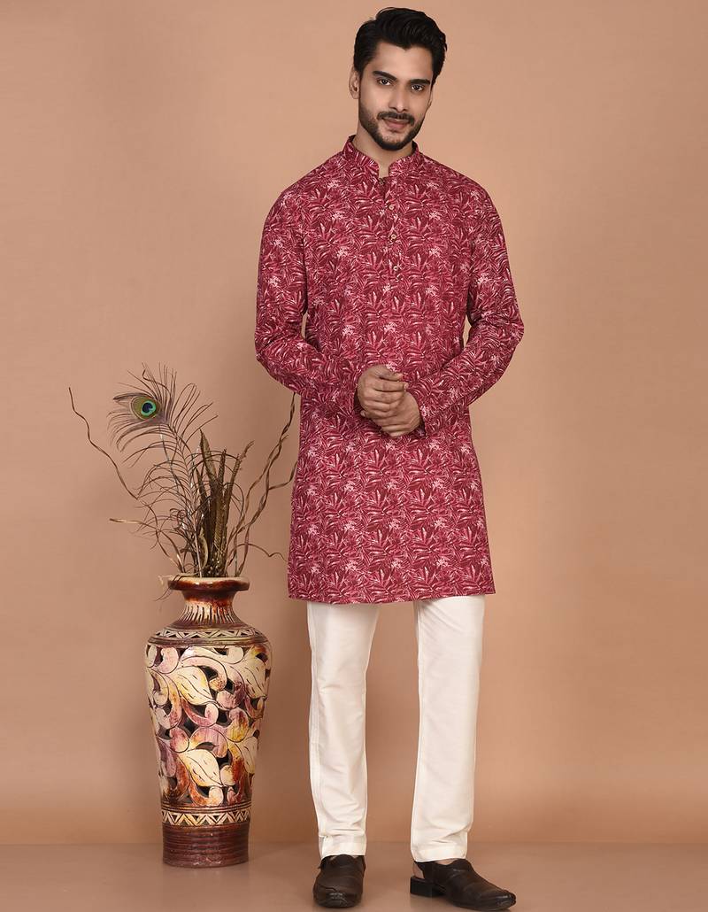 Men's leaf printed cotton kurta