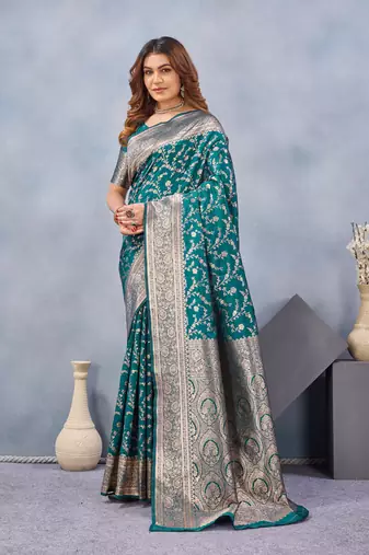 Turuoise silk blend banarasi saree with unstitched blouse piece