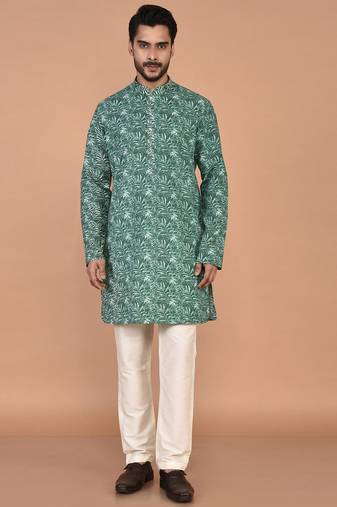 Men's leaf printed cotton kurta