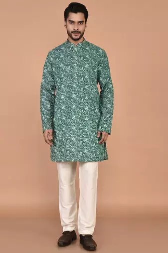 Men's leaf printed cotton kurta