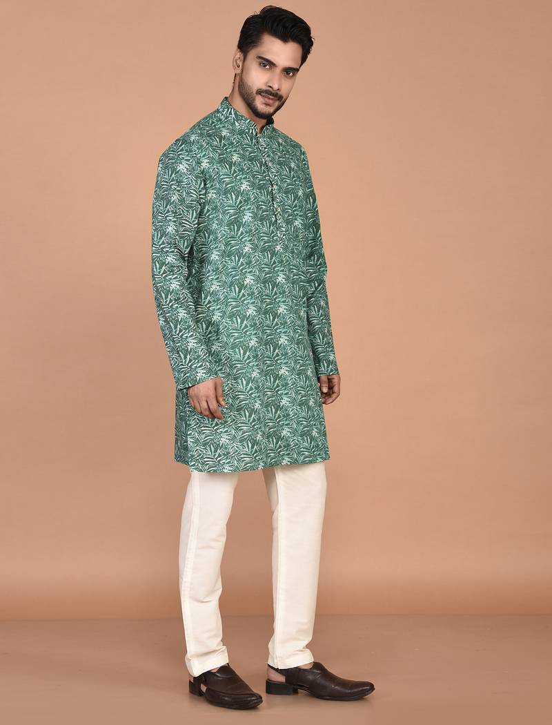 Men's leaf printed cotton kurta