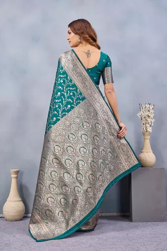 Turuoise silk blend banarasi saree with unstitched blouse piece