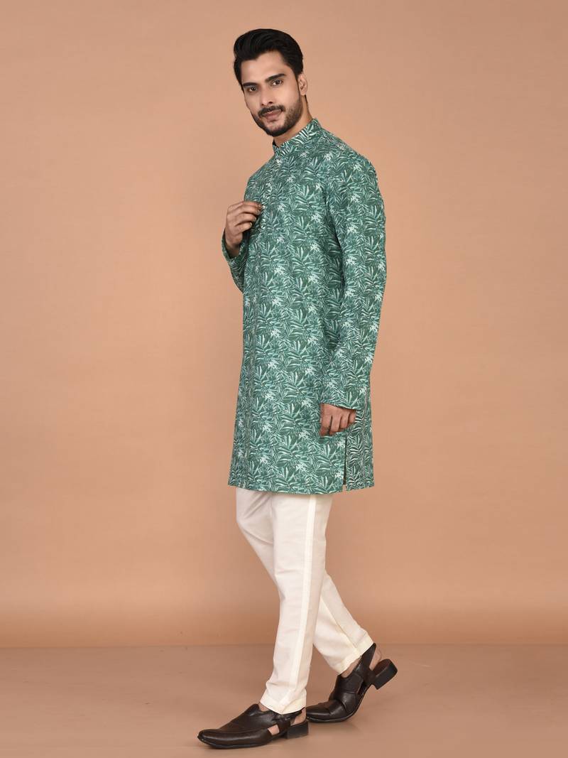 Men's leaf printed cotton kurta
