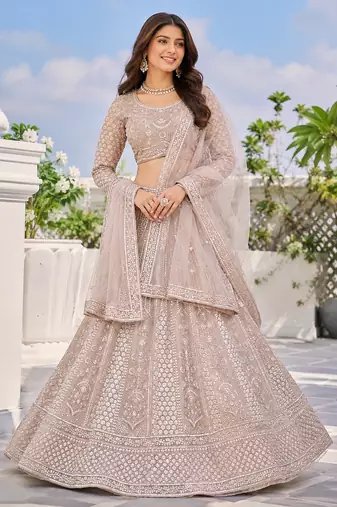 Luxury Beige Net Lehenga Choli with Allover Beads & Dori Embellishment