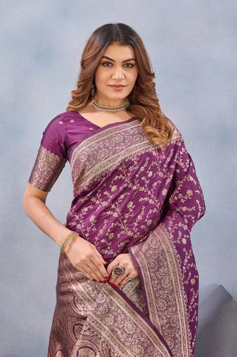 Wine soft silk blend banarasi jacuard work designer party wear saree with unstitched blouse piece
