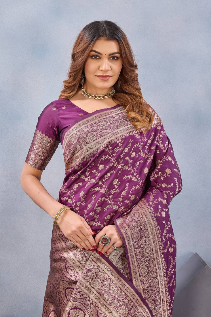 Wine soft silk blend banarasi jacuard work designer party wear saree with unstitched blouse piece