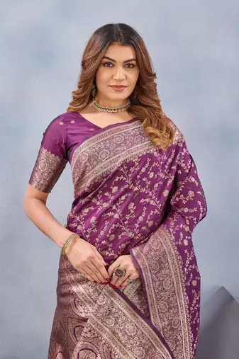 Wine silk blend banarasi saree with unstitched blouse piece