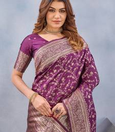 Wine silk blend banarasi saree with unstitched blouse piece