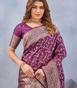 Wine silk blend banarasi saree with unstitched blouse piece