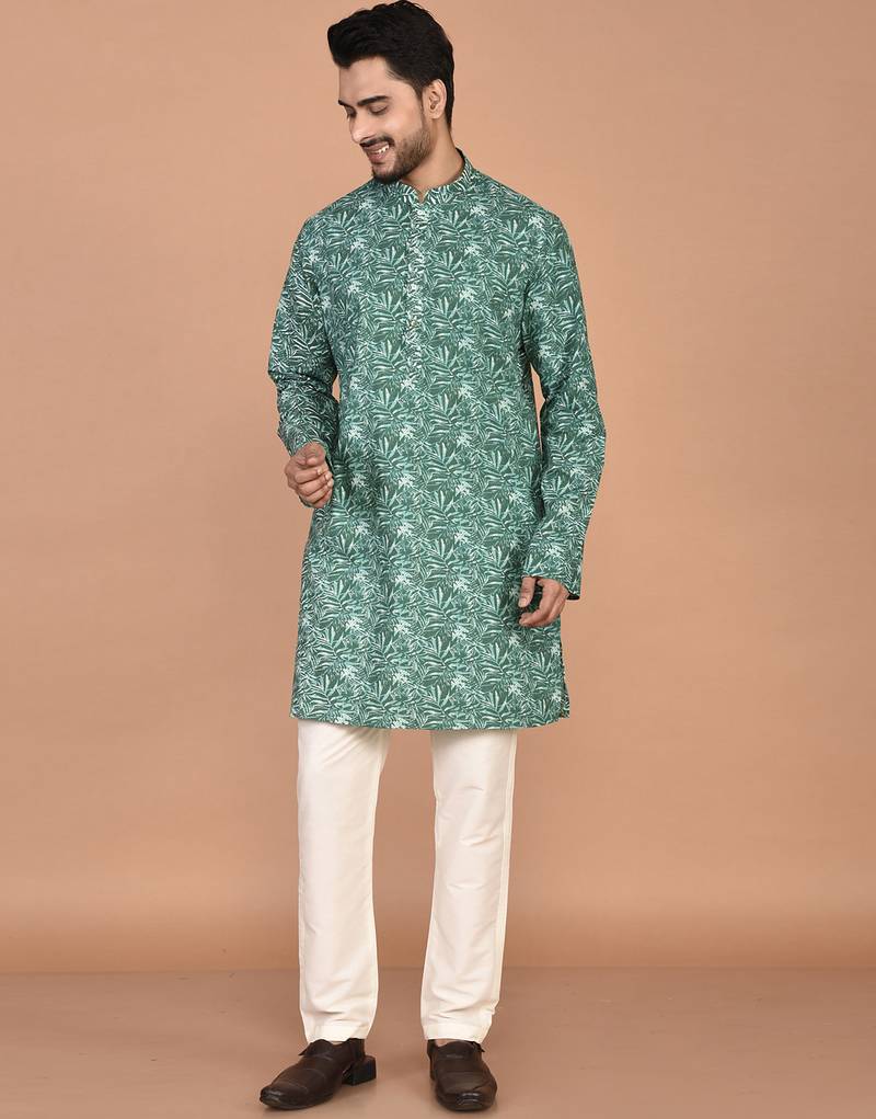 Men's leaf printed cotton kurta