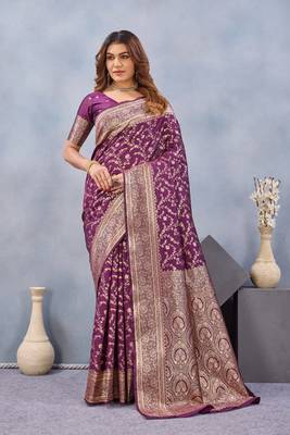 Wine silk blend banarasi saree with unstitched blouse piece 2