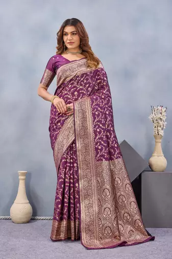 Wine silk blend banarasi saree with unstitched blouse piece