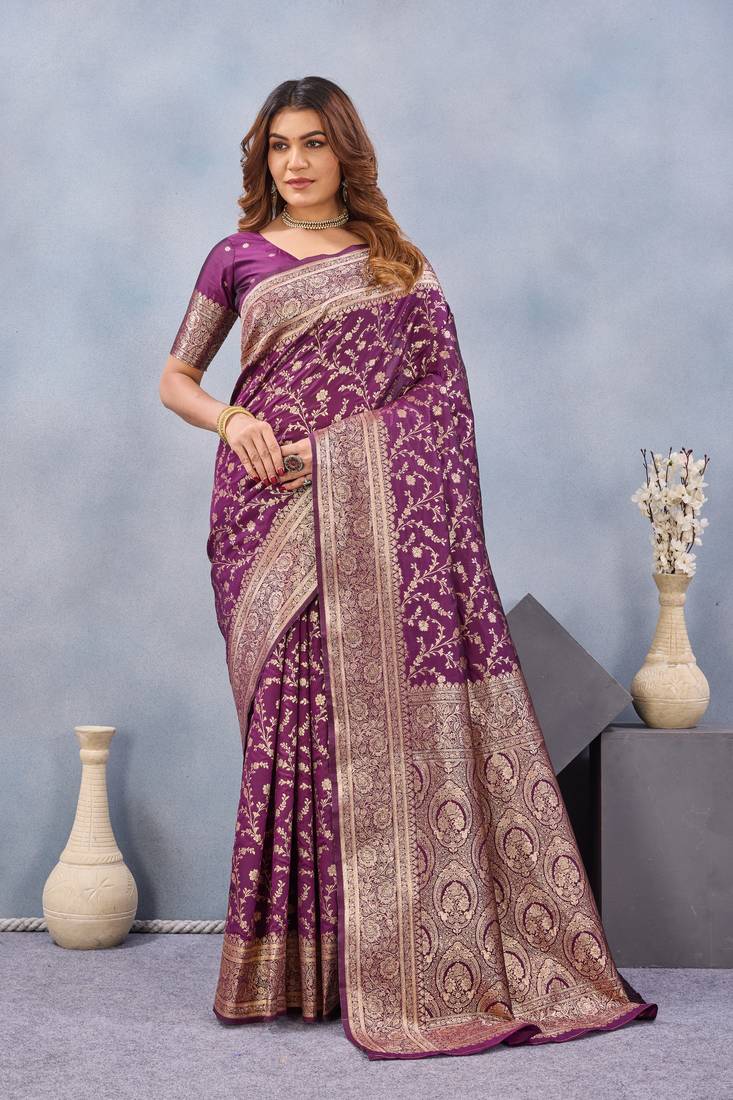 Wine silk blend banarasi saree with unstitched blouse piece