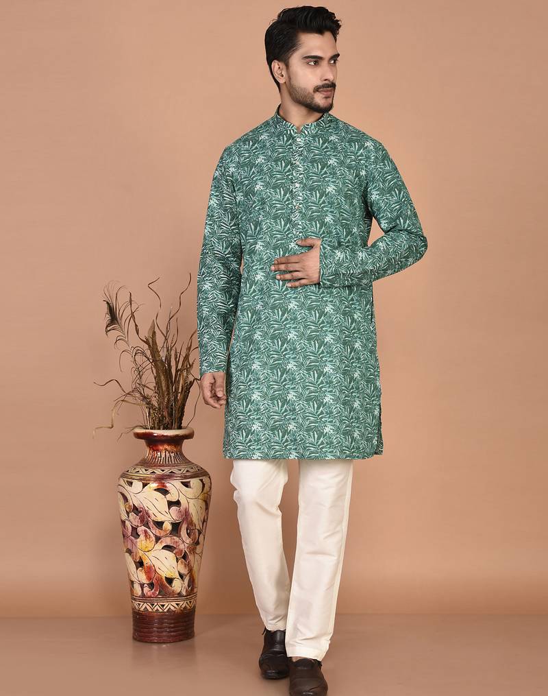 Men's leaf printed cotton kurta