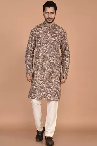 Men's leaf printed cotton kurta