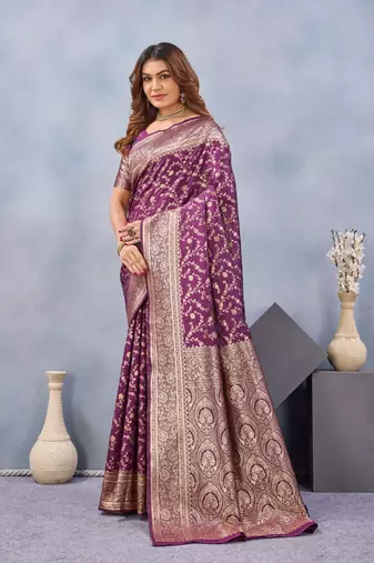 Wine silk blend banarasi saree with unstitched blouse piece