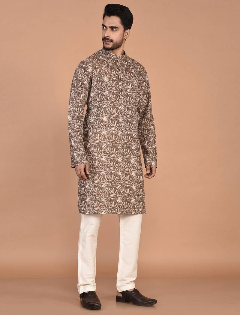 Men's leaf printed cotton kurta
