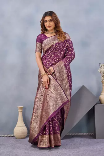 Wine silk blend banarasi saree with unstitched blouse piece