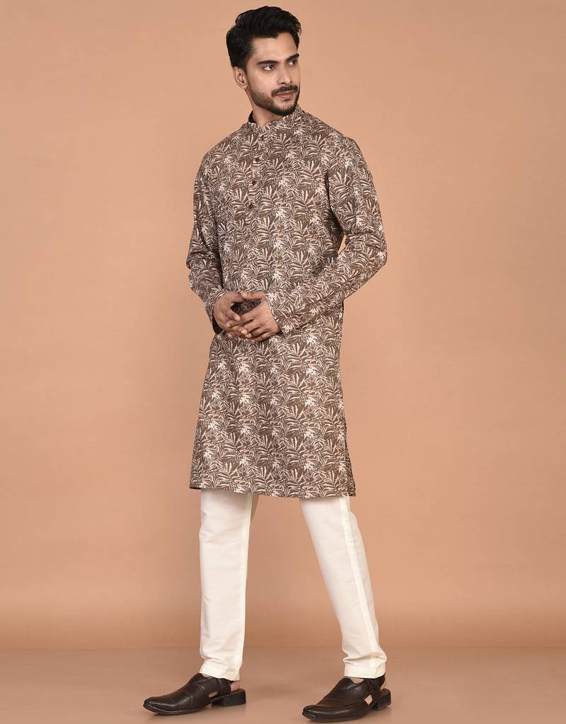 Men's leaf printed cotton kurta