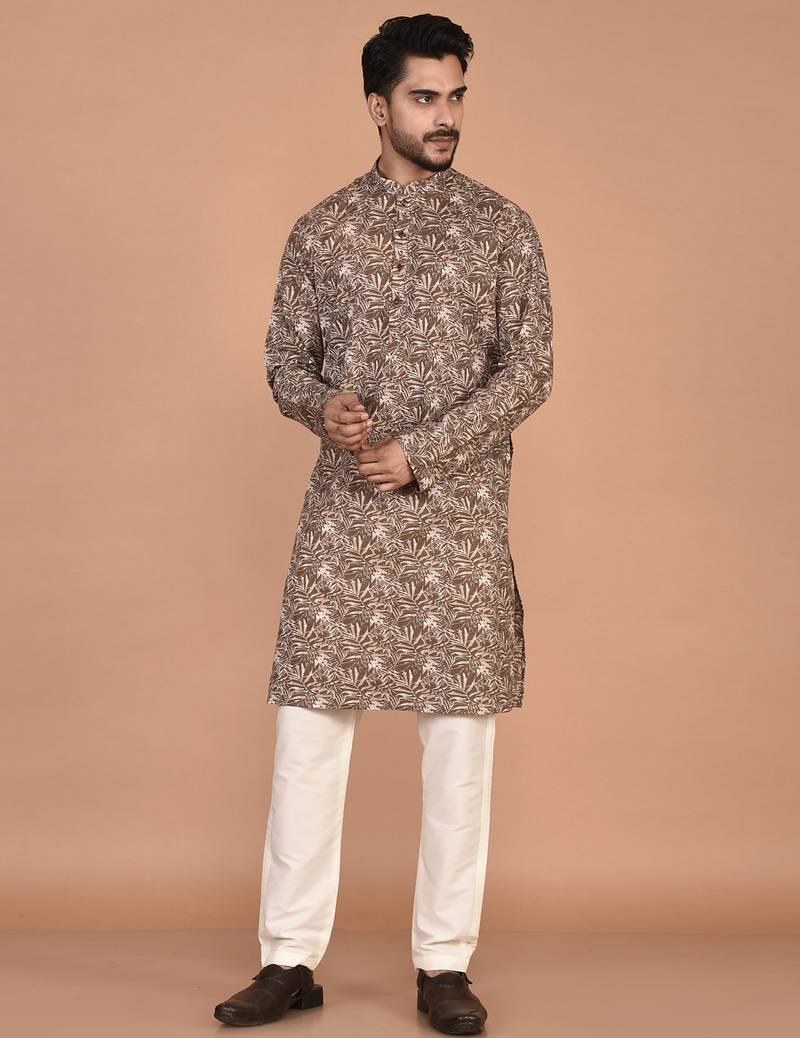 Men's leaf printed cotton kurta