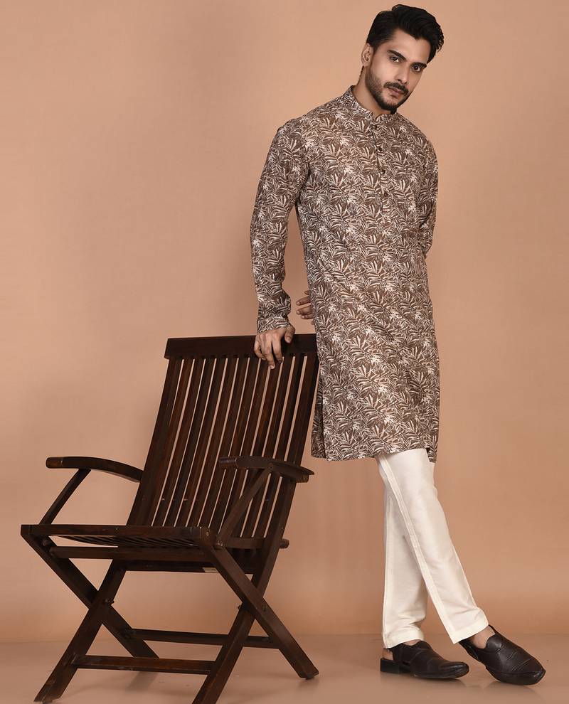 Men's leaf printed cotton kurta
