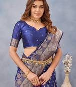 Blue silk blend banarasi saree with unstitched blouse piece