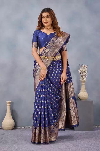 Blue silk blend banarasi saree with unstitched blouse piece