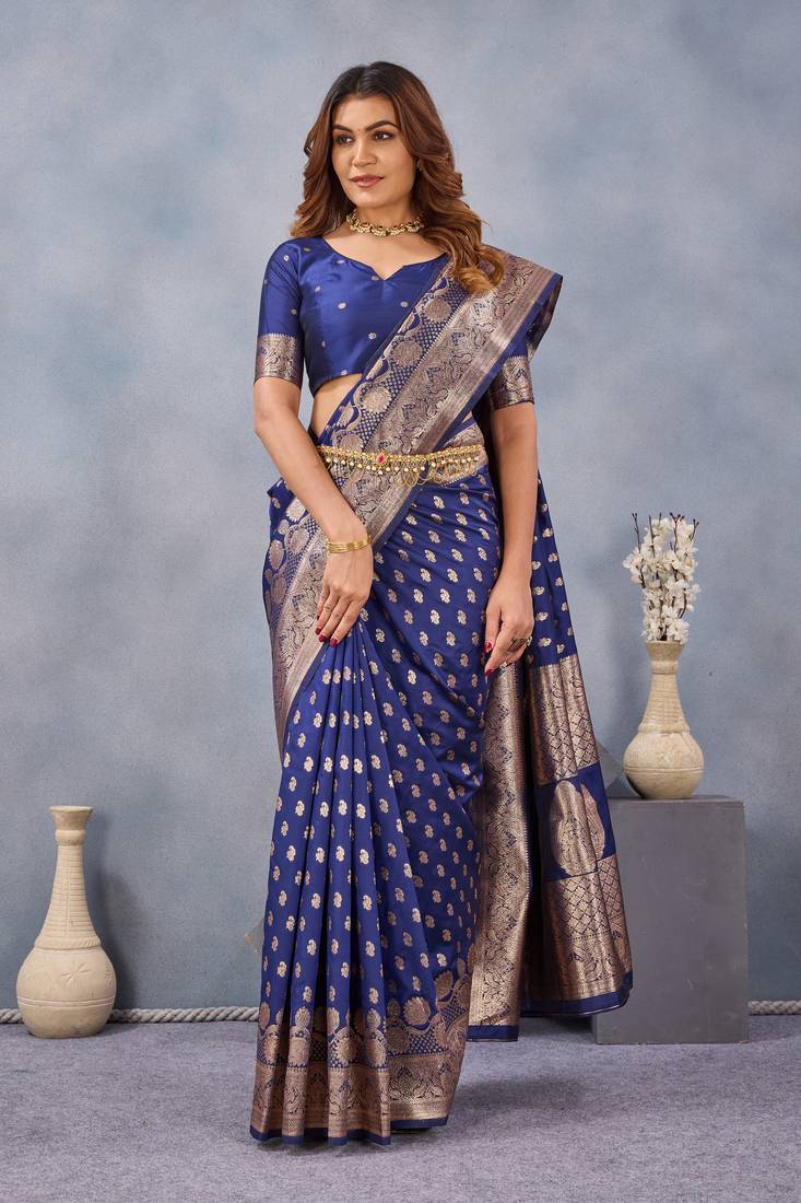Blue silk blend banarasi saree with unstitched blouse piece