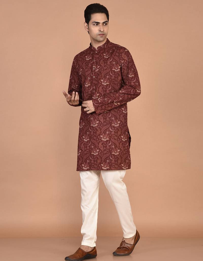 Men's floral printed cotton straight  kurta