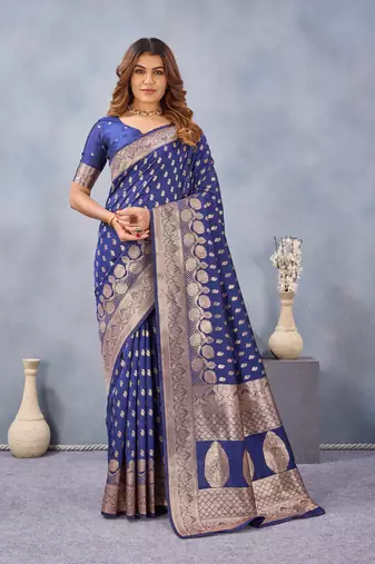 Blue silk blend banarasi saree with unstitched blouse piece